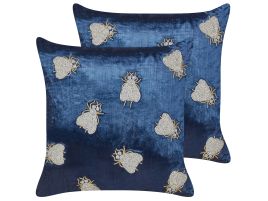 Set of 2 Embroidered Velvet Cushions Flies Motif 45x45cm Navy Blue