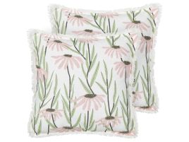 Set of 2 Fringed Cotton Cushions Floral Pattern 45x45cm Multicolour