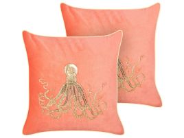 Set of 2 Velvet Cushions Octopus Motif 45x45cm Red