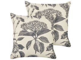 Set of 2 Cotton Cushions Floral Motif 45x45cm Beige and Grey
