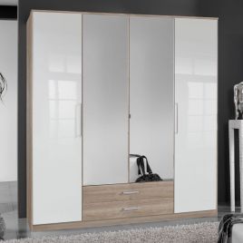 Wardrobe - DANIEL 4 Door Wardrobe White Gloss And Oak Effect 180cm