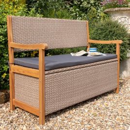 Helen Natural Rattan Storage Bench with Lift-Up Seat and Grey Seat Pad