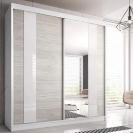 Sliding Wardrobe - MONIS 2 Door Mirrored Wardrobe White - 203cm