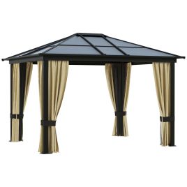 3.6 x 3M Hardtop Gazebo Canopy with Polycarbonate Roof and Aluminium Frame, Garden Pavilion with Mosquito Netting and Curtains, Brown