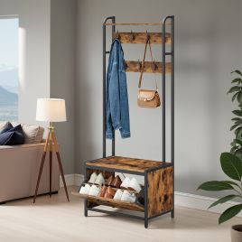 Hall Tree - TARVA Industrial Entryway Bench with Shoe Storage, Shelf and 7 Hooks - Brown