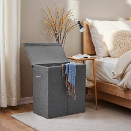 Laundry Basket - VERRA Foldable Dual Compartment Hamper with Lid and Handle 142L - Grey