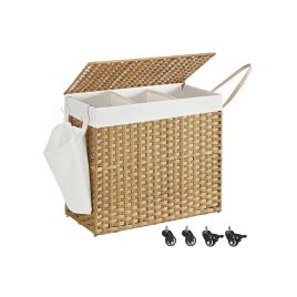 GLENFORDE Rattan Laundry Basket 160L with 3 Comparments, Wheels and Removable Liner - Light Oak