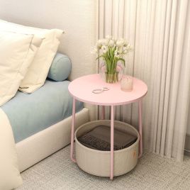 Side Table - VERRA Round End Table with Fabric Basket - Pink