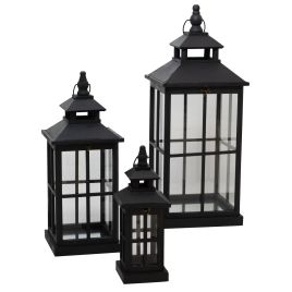 Black Window Style Lanterns With Open Top - Set of 3