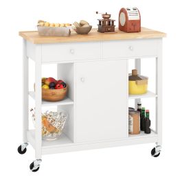 Kitchen Trolley - Mobile Kitchen Island Cart Rolling Kitchen Island with Rubber Wood Top-White