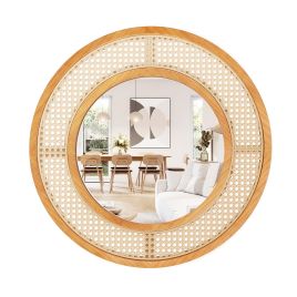 Wall Mirror - Rattan Round Wall Mirror with Aluminum Glass and Metal Hook -Natural