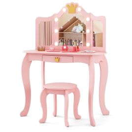 LONORE Kids Vanity Set with Lighted Mirror and Adjustable Brightness Pull-out Drawer and Stool-Pink