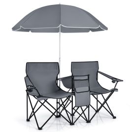 Camp Furniture - Portable Double Camping Chair with Umbrella and Ice Bag-Grey