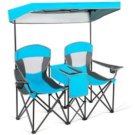 Camp Furniture - Double Folding Camping Chair with Canopy and Armrests-Blue
