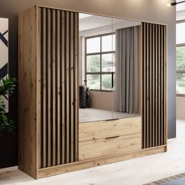 Wardrobe - ORION 4 Door Mirrored Wardrobe Oak 206cm