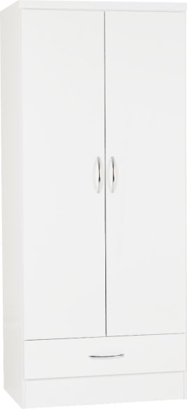 Wardrobe - NEWBIGGIN 2 Door 1 Drawer Wardrobe White Gloss 78cm