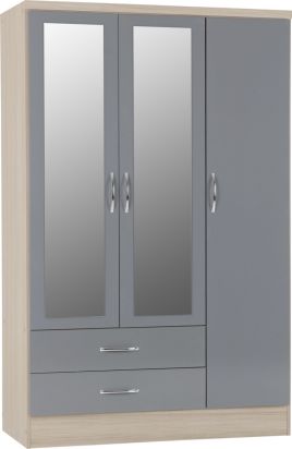Wardrobe - NEWBIGGIN 3 Door Mirrored Wardrobe Grey Gloss with Light Oak 116cm