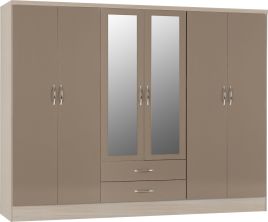 Wardrobe - NEWBIGGIN 6 Door Mirrored Wardrobe Oyster Gloss with Light Oak 230cm