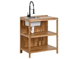 NEVOSA Outdoor Kitchen Island Black Tap with Sink Acacia Wood Brown