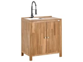 NEVOSA Outdoor Kitchen Cabinet Black Tap with Sink Acacia Wood Brown