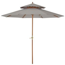 2.7 m Double Tier Outdoor Patio Garden Sun Umbrella Sunshade Wooden Parasol Grey Shade Canopy 