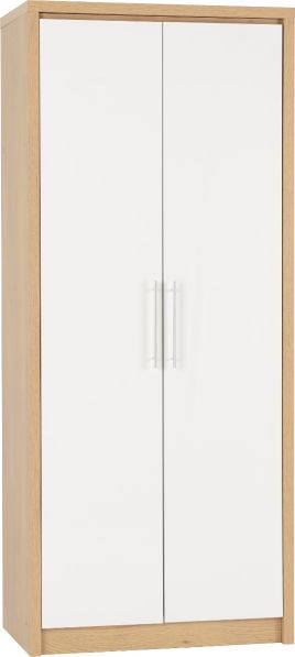 Wardrobe - SELSEY 2 Door Wardrobe White High Gloss with Light Oak 76cm