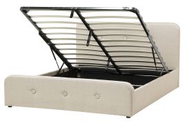 Slatted Bed Frame Beige Polyester Fabric Upholstered Wooden Legs Ottoman Storage 5ft3 EU King Size Modern Design