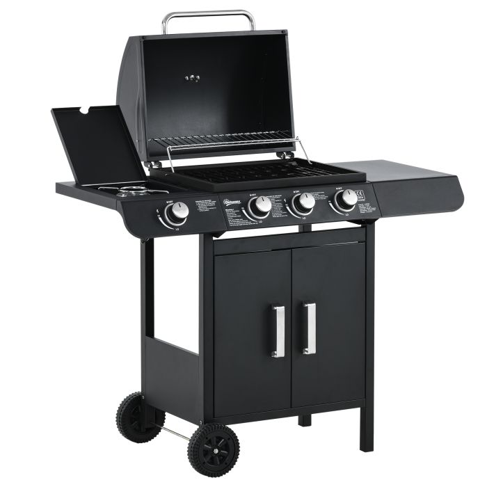 Gas Burner Barbecue Grill 3+1 Burner Garden BBQ Trolley w/ Side Burner Warming Rack Side Shelves Storage Cabinet Piezo Ignition 110x50x100cm