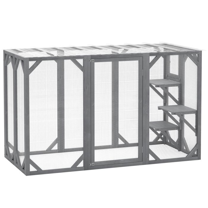 PAWSTER 71" Outdoor Wooden Cat House with 3 Platforms, Large Door and Weatherproof Roof, for Multiple Cats, Grey