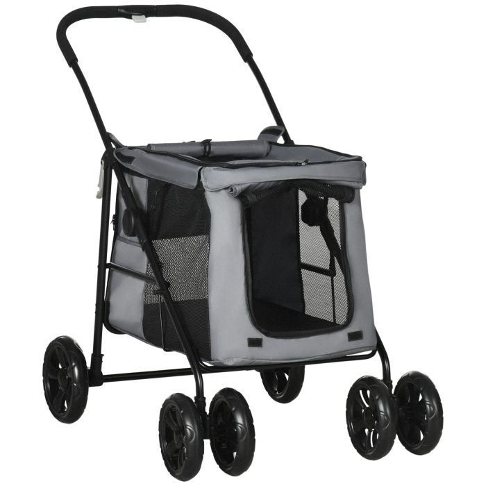 One Click Foldable Pet Stroller Dog Cat Travel Pushchair with EVA Wheels Storage Bags Mesh Windows Safety Leash Cushion for Small Pets Grey