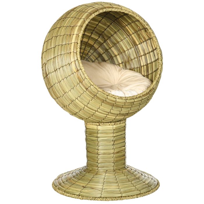 Raised Cat House Natural Mat Grass Cat Bed with Stand Cushion - Yellow