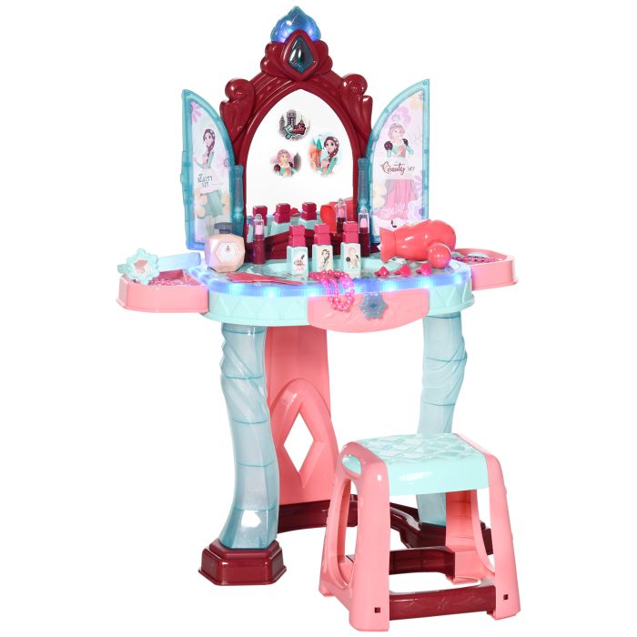 31 PCS Kids Dressing Table Set with Magic Princess Mirror, Musical Pretend Toy W/ Beauty Kit Mirror Light & Music, for 3-6 Years Old Blue+Pink