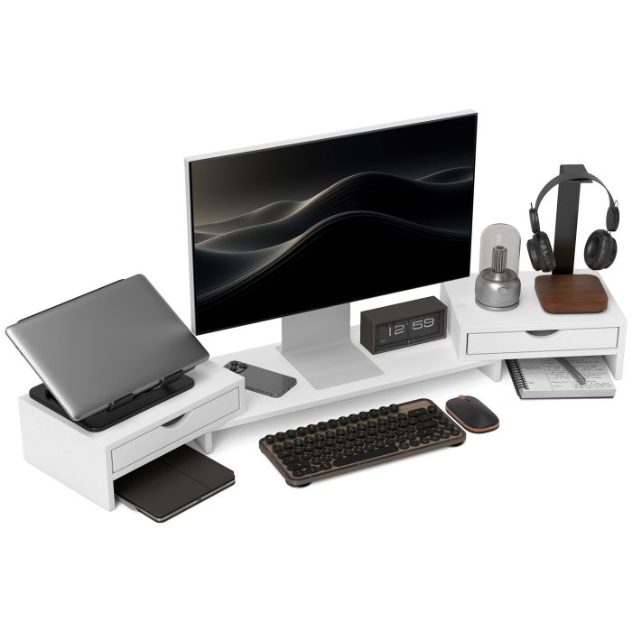 HERON Dual Monitor Stand Riser with 2 Drawers, Adjustable Length and Angle, 116cm Monitor Riser for Laptop, Computer, PC, Small Printer, White