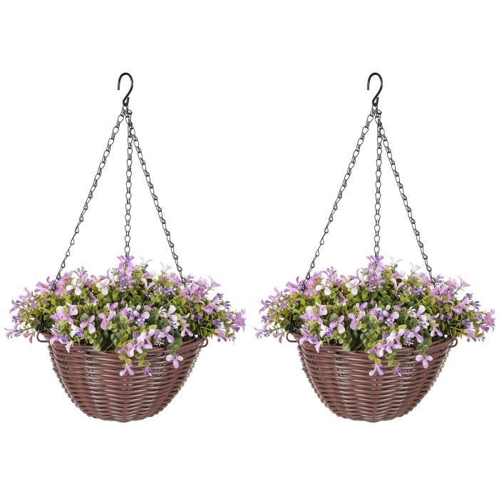 HERON Artificial Flowers in Basket Set of 2 Hanging Baskets 75 Leaves - Purple