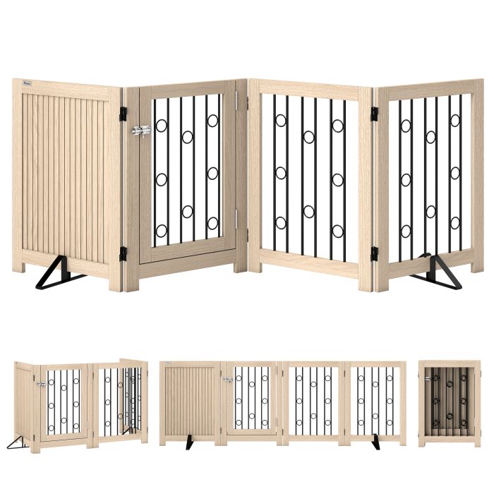 FENQUYRE 4 Panel Freestanding Dod Gate with Lockable Door - Light Oak