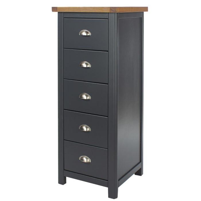Antique Oak Effect 5 Drawers Narrow Chest - Blue