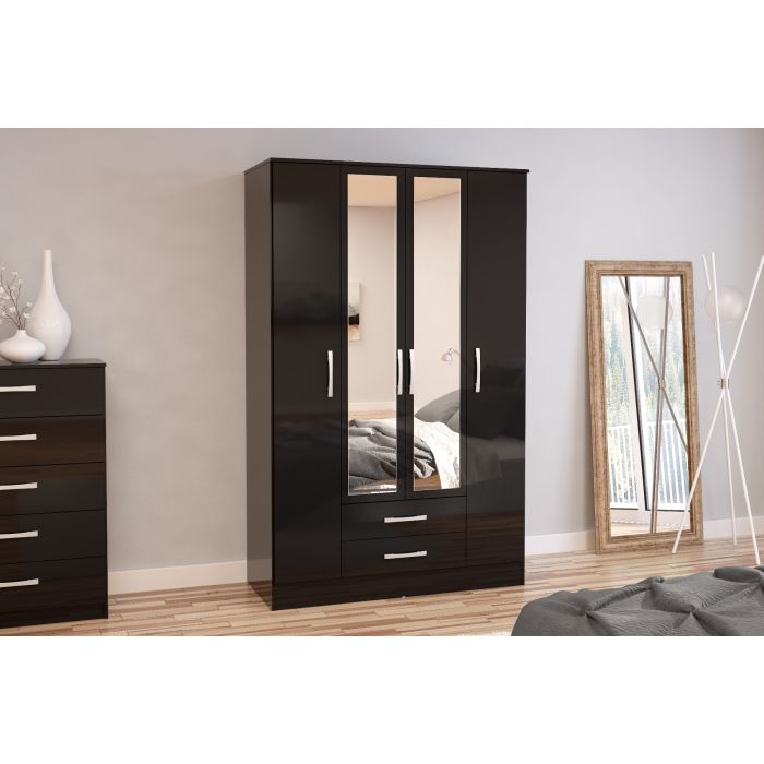 Lynx 4 Door 2 Drawer Mirrored Wardrobe - Black