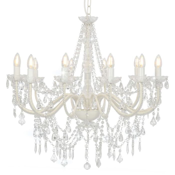Chandelier with Beads White 12 x E14 Bulbs