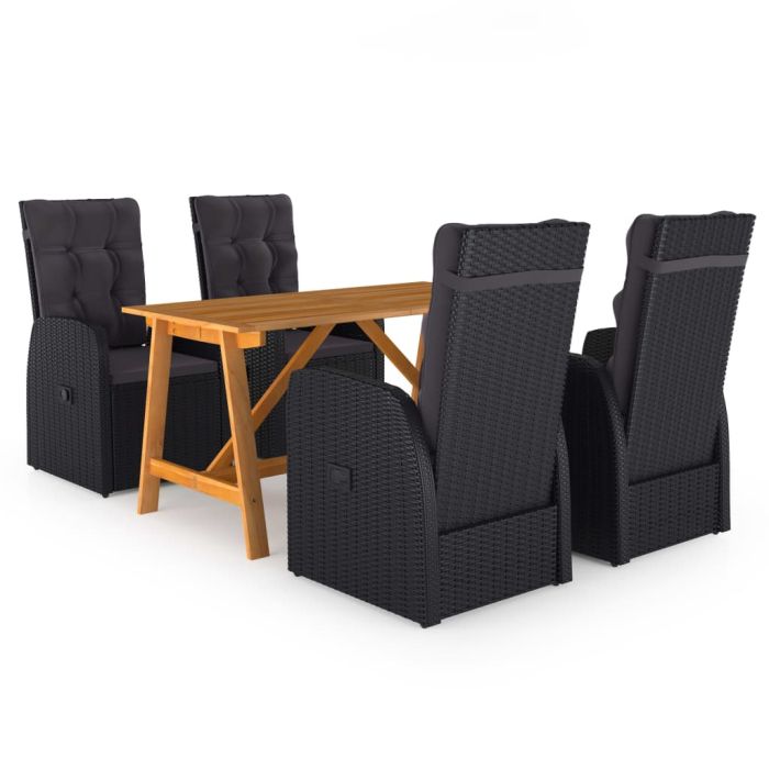 5 Piece Garden Dining Set with Cushions Black Poly Rattan - vid-3095299