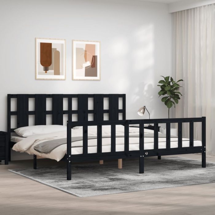 Bed Frame with Headboard Black 200x200 cm Solid Wood