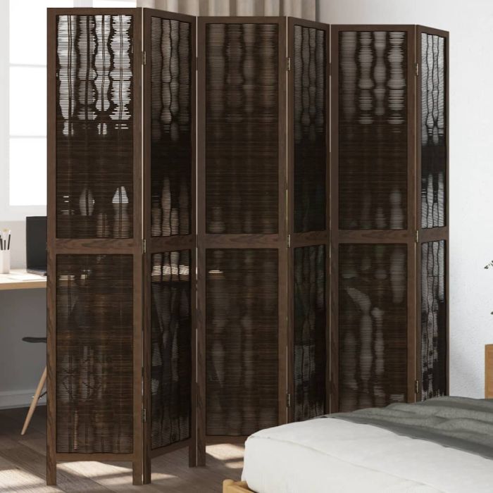 Room Divider 6 Panels Dark Brown Solid Wood Paulownia - vid-358667