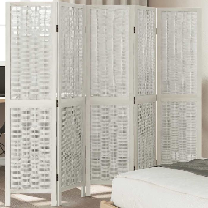 Room Divider 5 Panels White Solid Wood Paulownia - vid-358677