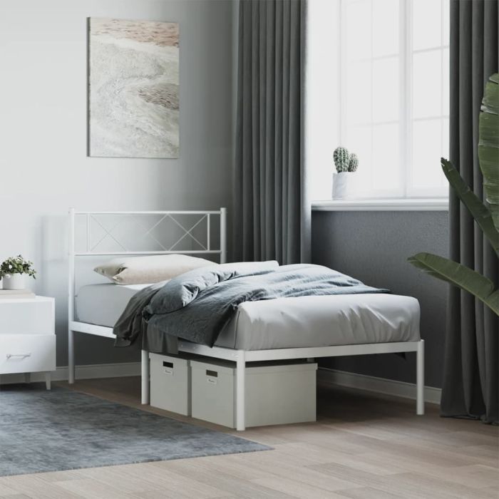 Metal Bed Frame with Headboard White 90x190 cm 3FT Single
