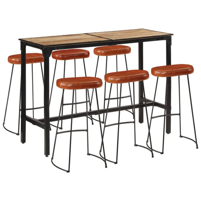 7 Piece Bar Set Solid Rough Wood Mango and Metal - vid-3216412