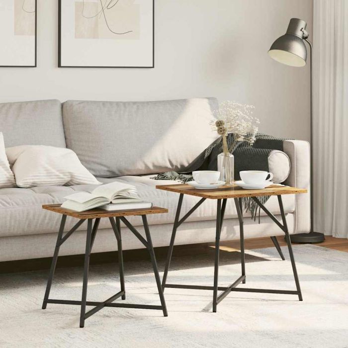 Side Table 2 Pack - Rustic Wood and Metal