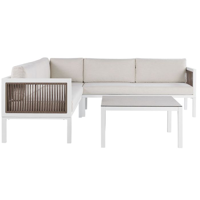 Left Hand 4 Seater Aluminium Garden Corner Sofa Set White and Brown BORELLO