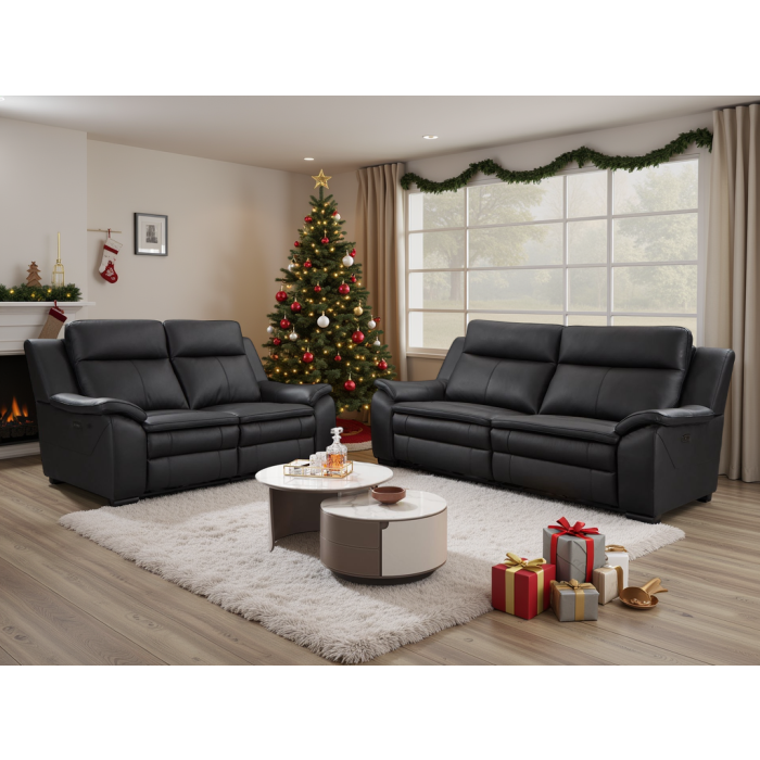 CASTANO Faux Leather 3 and 2 Seater Electric Recliner Sofa Set - Black