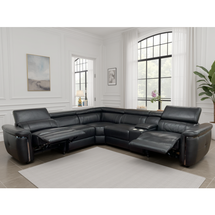BREVELLO Leather 5 Seater L Shaped Electric Recliner Corner Sofa - Black