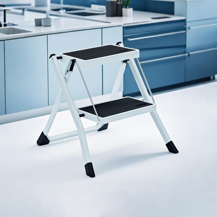 Ladder - FIORIA Folding 2-Step Safety Lock, Non-Slip Treads - White