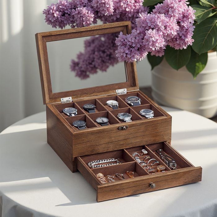 Watch Box - VERRIA 8 Slots Organizer Wood Case with Glass Lid and Pillows - Camel Brown